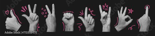Set of woman hands with doodle elements. Crown, heart, star. Retro collage elements for posters, banner, social media