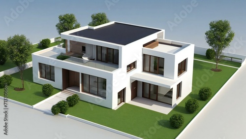 3d house model of white and grey modern minimal background. Real estate concept. © samsul