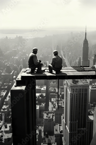 Generative AI illustration of two construction workers on a steel girder high above the city in a scene reminiscent of the 1950s New York skyline photo