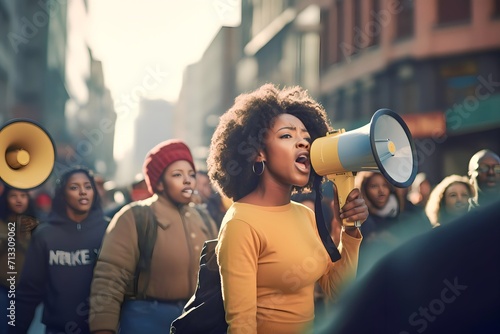 African Female activist protesting via megaphone