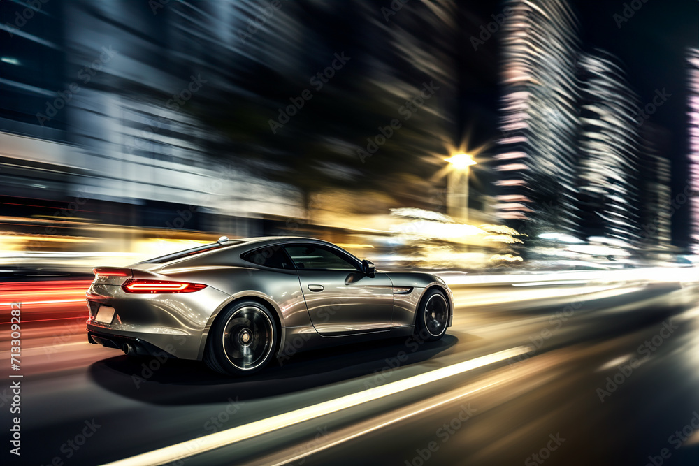 Generative AI illustration of silver sports car speeding on a city road at night with motion blur highlighting its speed
