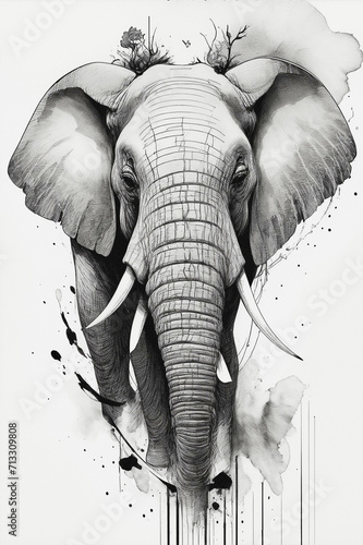 sketh portrait of african elefant,pencil drawing, paint smudges, Line art back and white illustration on white background with paper texture, good for wall art, interior, tatoo photo