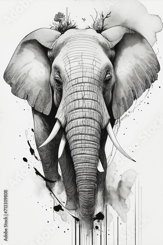 sketh portrait of african elefant,pencil drawing, paint smudges, Line art back and white illustration on white background with paper texture, good for wall art, interior, tatoo