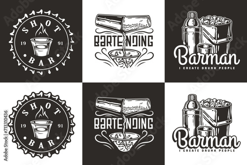 Bartender design with shaker, beer cap, shot with fire and bucket with ice for bartending school. Vector emblem set of chromed metal equipment or cocktail bar tool for barman or barkeep