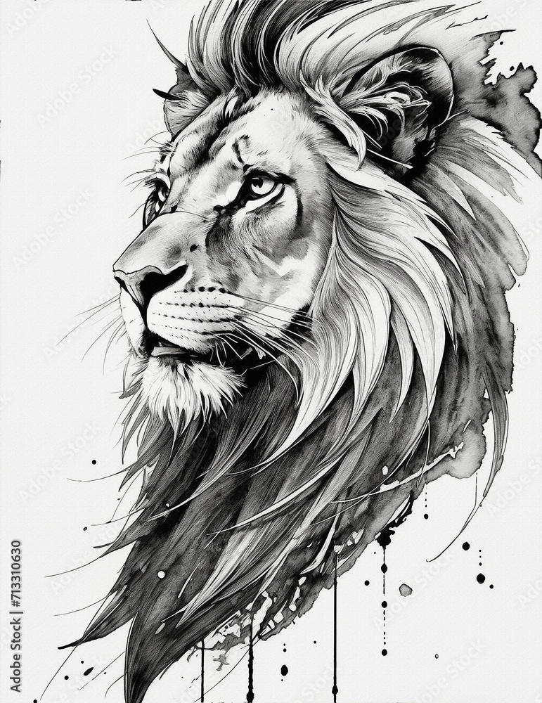 sketh portrait of african lion, Line art back and white illustration on white background with paper texture, pencil drawing, paint smudges, good for wall art, interior, tatoo, canva, Generative AI sketh portrait of african lion, Line art back and white illustration on white background with paper texture, pencil drawing, paint smudges, good for wall art, interior, tatoo, canva, Generative AI
