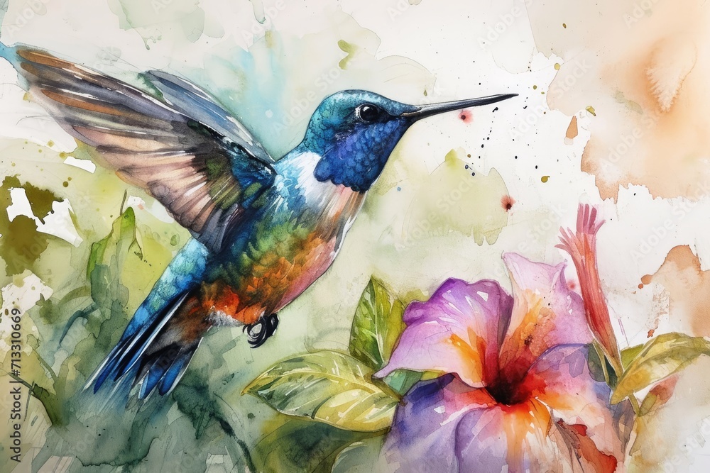 Fototapeta premium Watercolor painting of a hummingbird.
