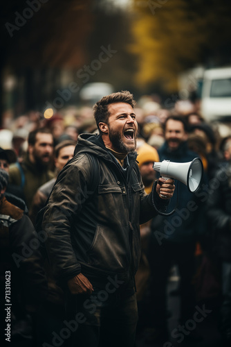 Generative AI illustration of activist is vocally leading a protest megaphone in hand with a crowd of supporters in the background