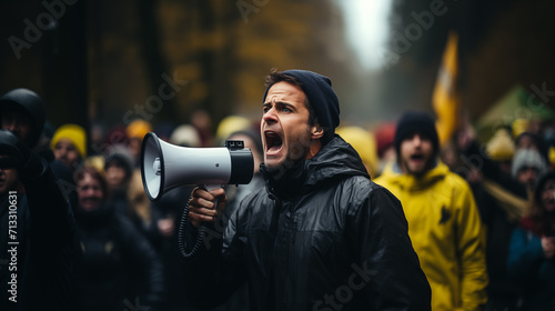 Generative AI illustration of activist is vocally leading a protest megaphone in hand with a crowd of supporters in the background