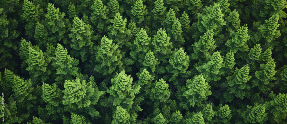 A verdant expanse from above: evergreen conifers forming a textured mosaic of nature's hues