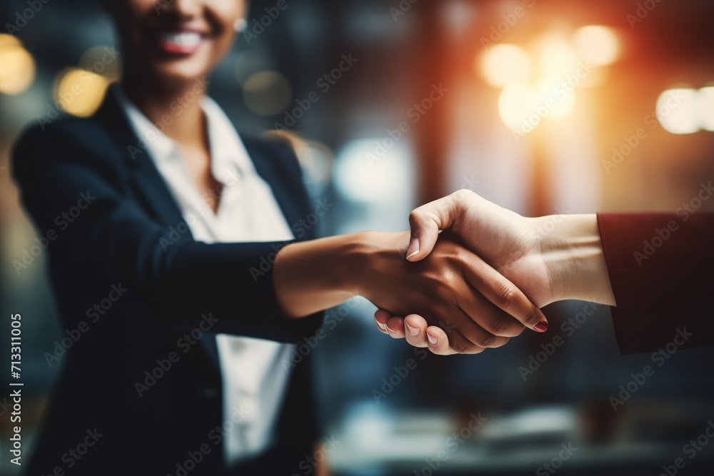 Generative AI image of business handshake in office setting - obrazy, fototapety, plakaty 