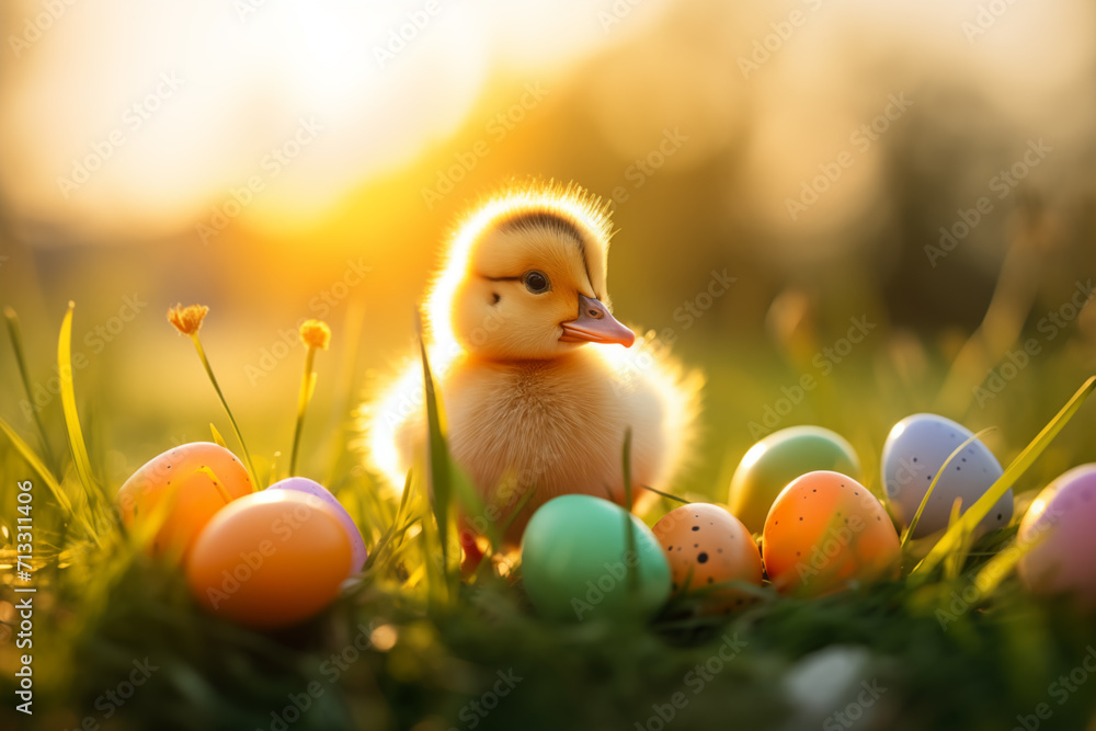 AI Generated Image of cute duckling on a fresh grass with Easter eggs blurred background