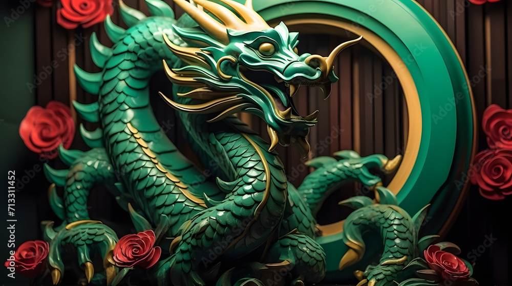 Green wooden dragon symbol 2024. New Year and Christmas concept . Chinese new year 2024 year of the emerald Wood dragon, digital ai