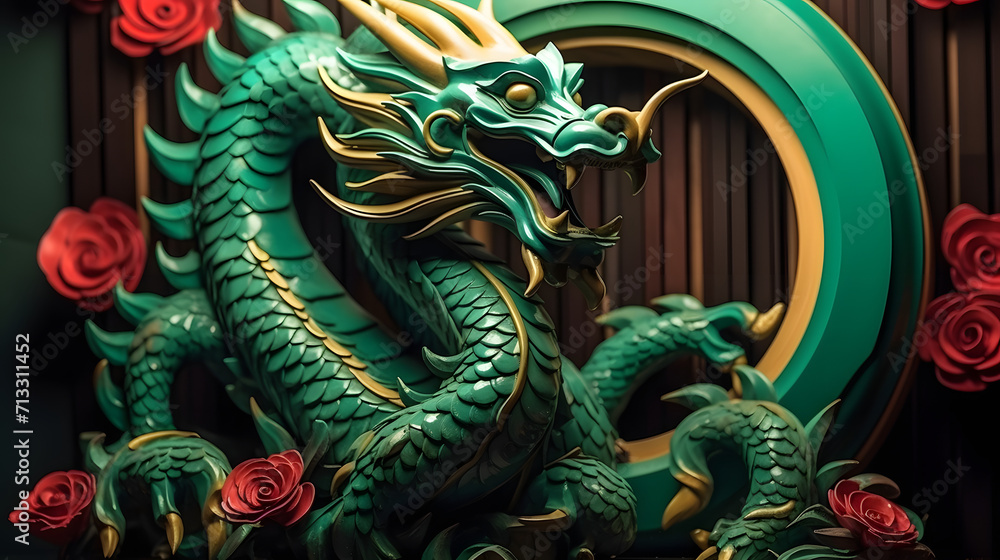Green wooden dragon symbol 2024. New Year and Christmas concept . Chinese new year 2024 year of the emerald Wood dragon, digital ai Green wooden dragon symbol 2024. New Year and Christmas concept . Chinese new year 2024 year of the emerald Wood dragon, digital ai