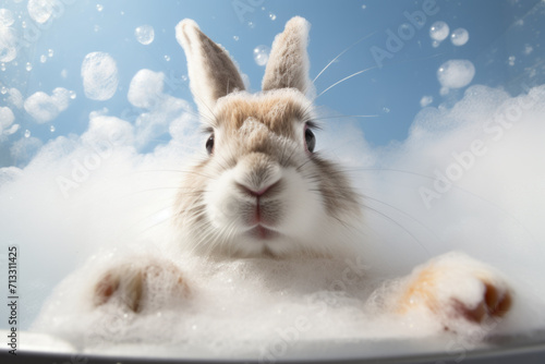 AI Generated Image of Easter rabbit in a bathtub with soap foam looking at camera against blue background