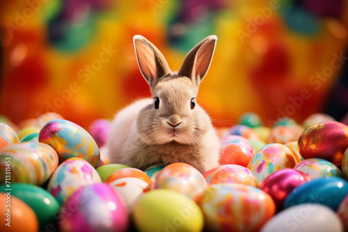 AI Generated Image of brown Easter bunny looking at camera and surrounded by colorful Easter eggs against blurred background