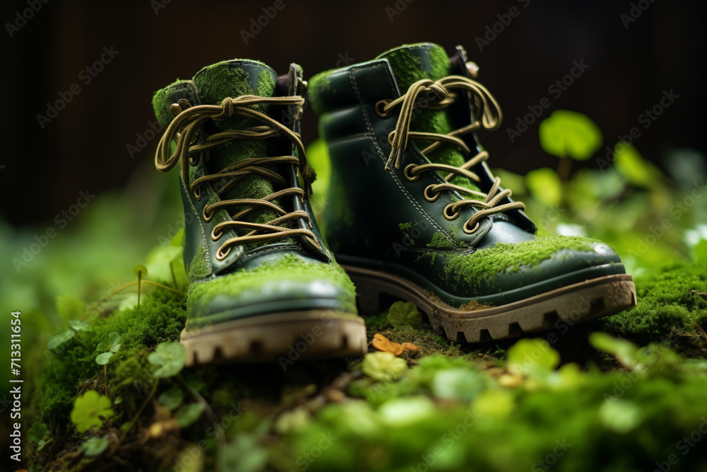 AI Generated Image of closeup of a Pair of green boots covered my moss against blurred background AI Generated Image of closeup of a Pair of green boots covered my moss against blurred background