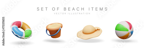 Set of beach items. Isolated realistic images of inflatable ring, sun hat, sand bucket, striped beach ball. Colorful illustrations for summer web design
