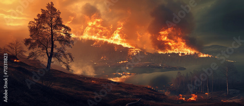A lone tree stands witness to a wildfire's wrath, a stark contrast to the tranquil lake below. © Ai Studio