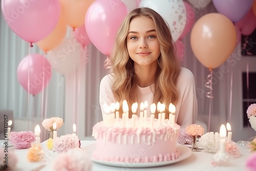 A happy young woman with a birthday cake with candles on the background of a room decorated with balloons in honor of her birthday