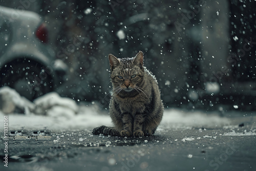 Lonely cat freezing on the street while snowing photo