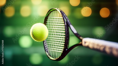 A tennis racket with a tennis ball on a defocused green background