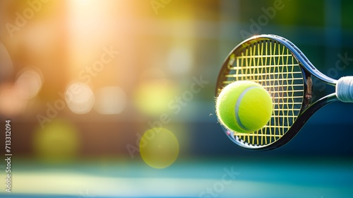 A tennis racket with a tennis ball on a defocused green background with an empty space