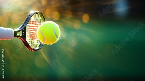 A tennis racket with a tennis ball on a defocused green background with an empty space for text