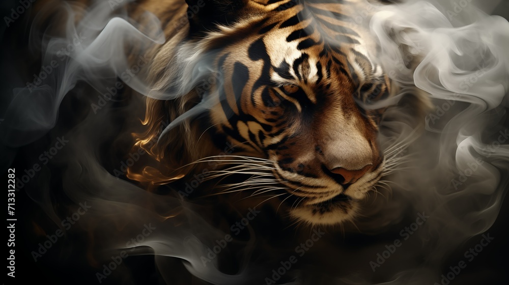 Portrait of a tiger in smoke, striped predator, big cat - obrazy, fototapety, plakaty 