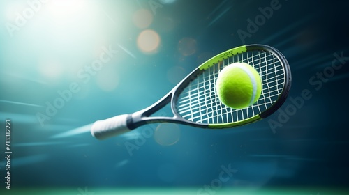 A tennis racket with a tennis ball on a defocused blue background