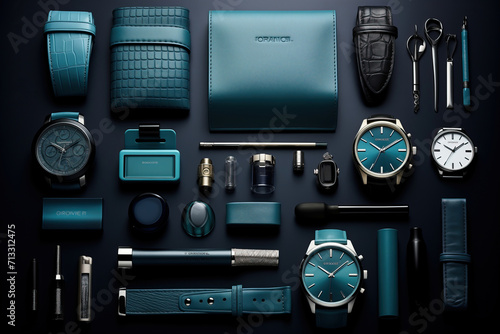 A variety of watches and other items carefully arranged on a table in a flat lay top view for a creative color design concept