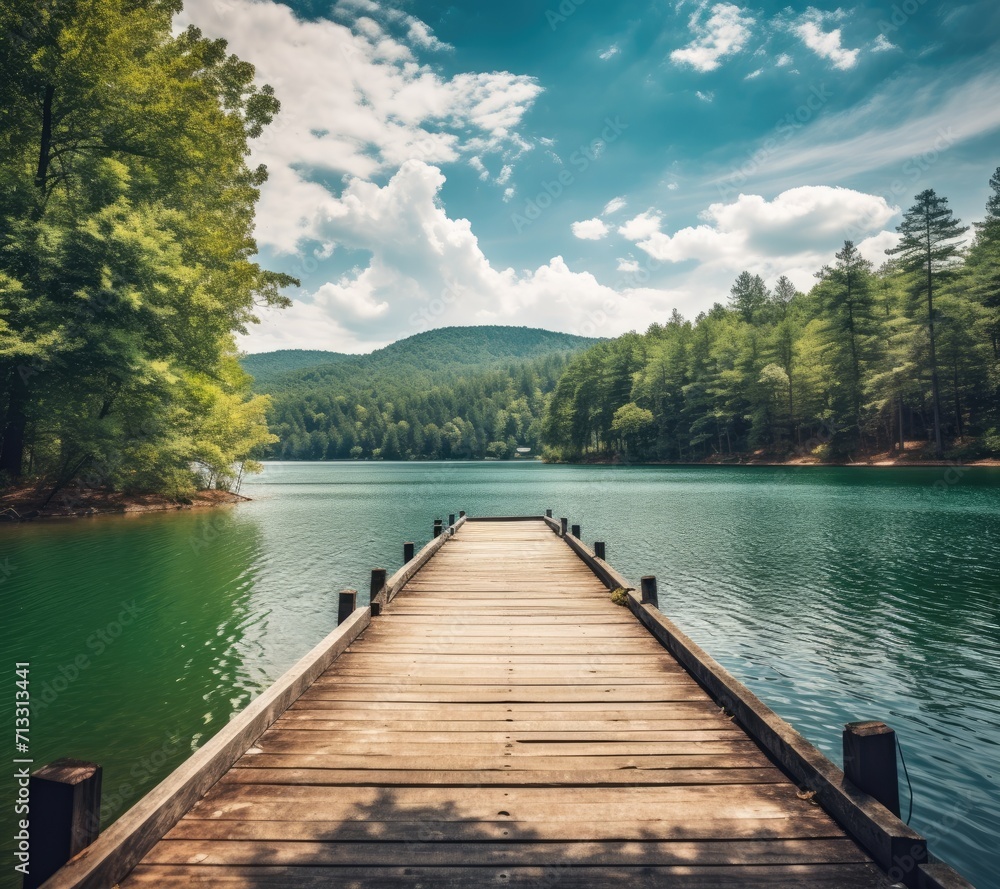 Wooden Pier on the Lake: Tranquil Scene, Scenic Beauty, Waterfront Serenity, Pier Reflection, Nature's Haven, Lake Landscape, Picturesque Backdrop, Idyllic Setting, Peaceful Retreat, Wooden Jetty
