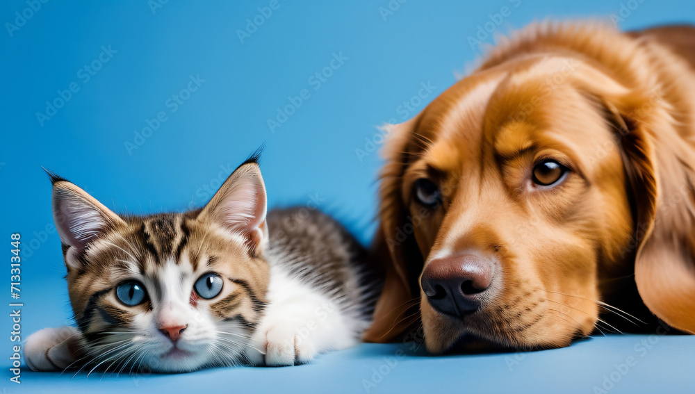Tabby kitten and brown dog lying together. Pets on blue background, copy space.