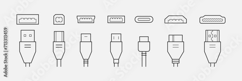 Set of connectors and plugs line icons. USB, HDMI, ethernet icon set. Mini, micro, lightning, type A, B, C connectors. Vector illustration white background	