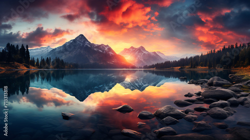 A stunning sunrise illuminated the serene mountain lake, radiating vivid colours.