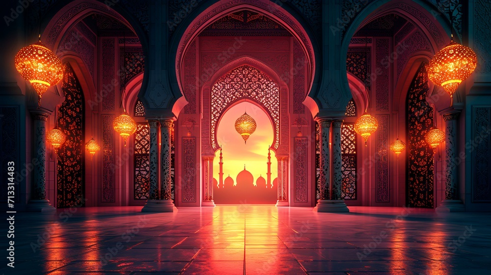3D rendering of a Ramadan Mubarak mosque with an illuminated background 3D rendering of a Ramadan Mubarak mosque with an illuminated background
