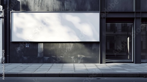 A white blank storefront mockup featuring a large billboard banner for a restaurant or shop. photo