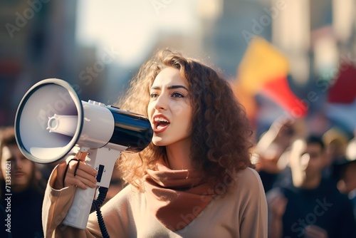 Arab female activist protesting via megaphone