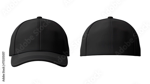 Set of black front and side view hat baseball cap on transparent background cutout, PNG file. Mockup template for artwork graphic design photo