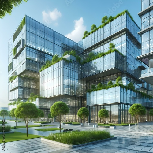 a modern glass building with a lot of green plants trees and bushes for the futuristic business architecture environment.