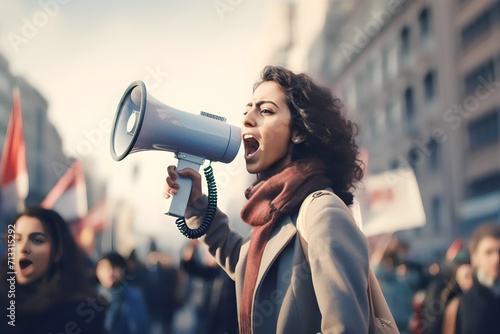 Arab female activist protesting via megaphone