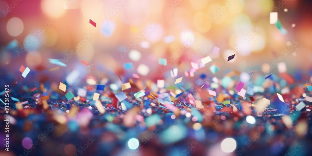 A shower of colorful confetti with sparkling bokeh lights in the background, Festive Bliss: Confetti Explosion with Shimmering Bokeh Background