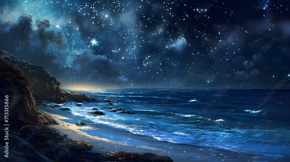 A landscape of a night sky, a Night view of the ocean.