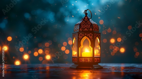 Arabic lantern with bokeh lights on a dark background. Ramadan Kareem greeting card