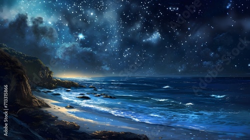 A landscape of a night sky, a Night view of the ocean.