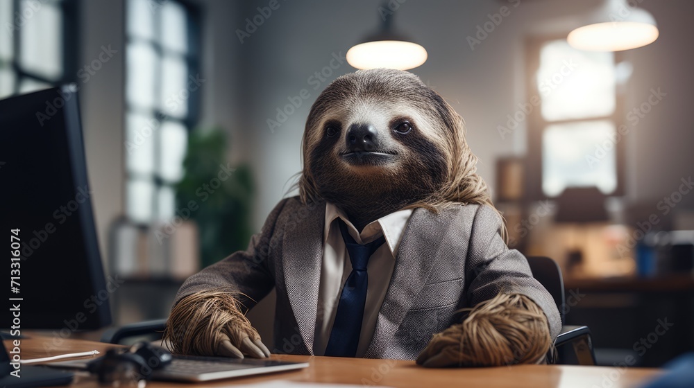 Animal sloth in a suit at a desk in the office, blurred background Animal sloth in a suit at a desk in the office, blurred background