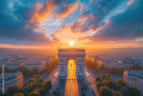 Arc de Triomphe in France  Paris  aerial view on a scenic sunset