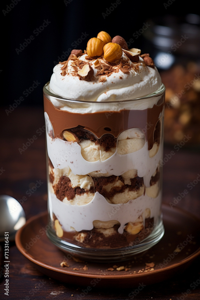 layered muscat chocolate dessert in a glass on a wooden table layered muscat chocolate dessert in a glass on a wooden table