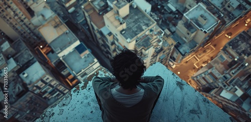 Male perched on the brink of a tall building or skyscraper and looking down