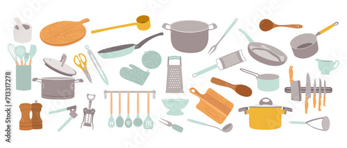 Set with different kitchenware on white background. Drawn in minimalistic style. 
