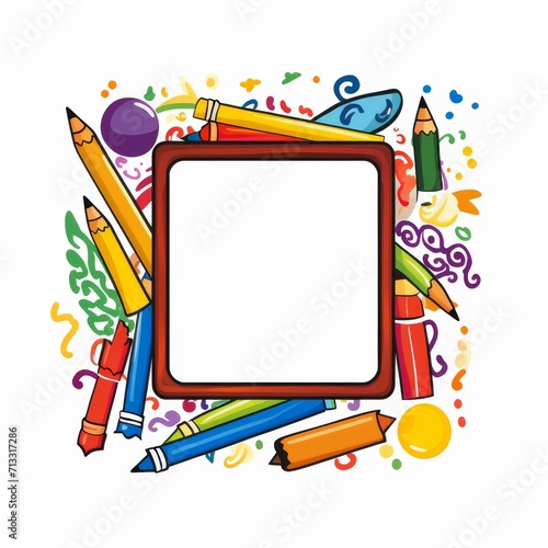 Colorful Picture Frame Surrounded by Pencils and Confetti